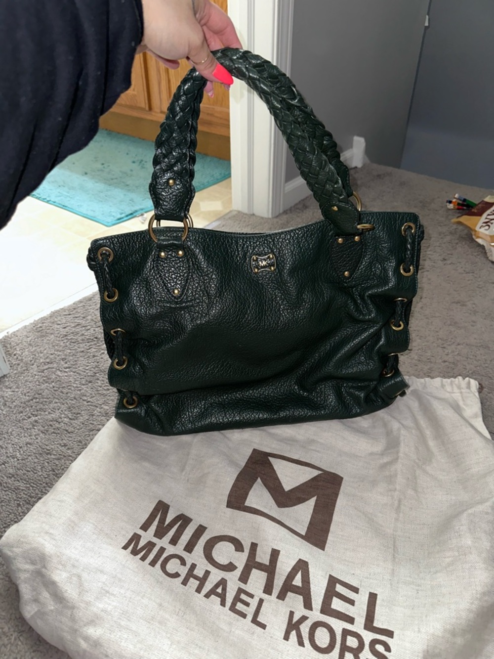 Michael Kors Forest Green Braided Handle Shoulder Tote